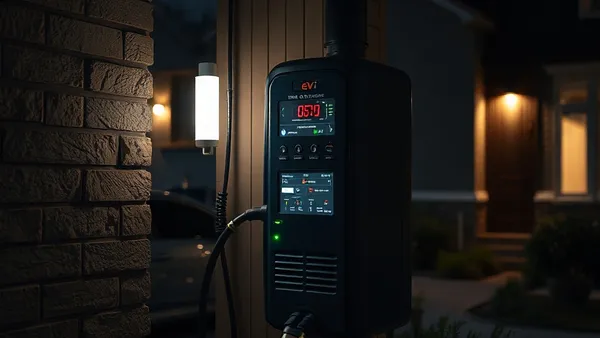 Wallbox instalado em garagem residencial durante a noite com agendamento de recarga configurado
