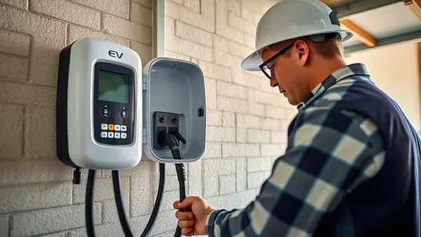 Eletricista instalando wallbox de carro elétrico na parede de uma garagem residencial