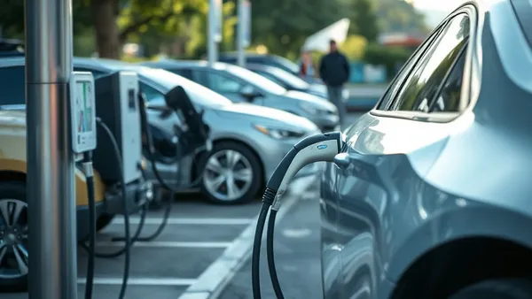 Carro elétrico conectado a carregador AC em estacionamento coberto de shopping center brasileiro