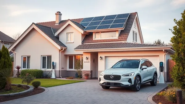 Placas solares no telhado de uma casa com carro elétrico carregando na garagem