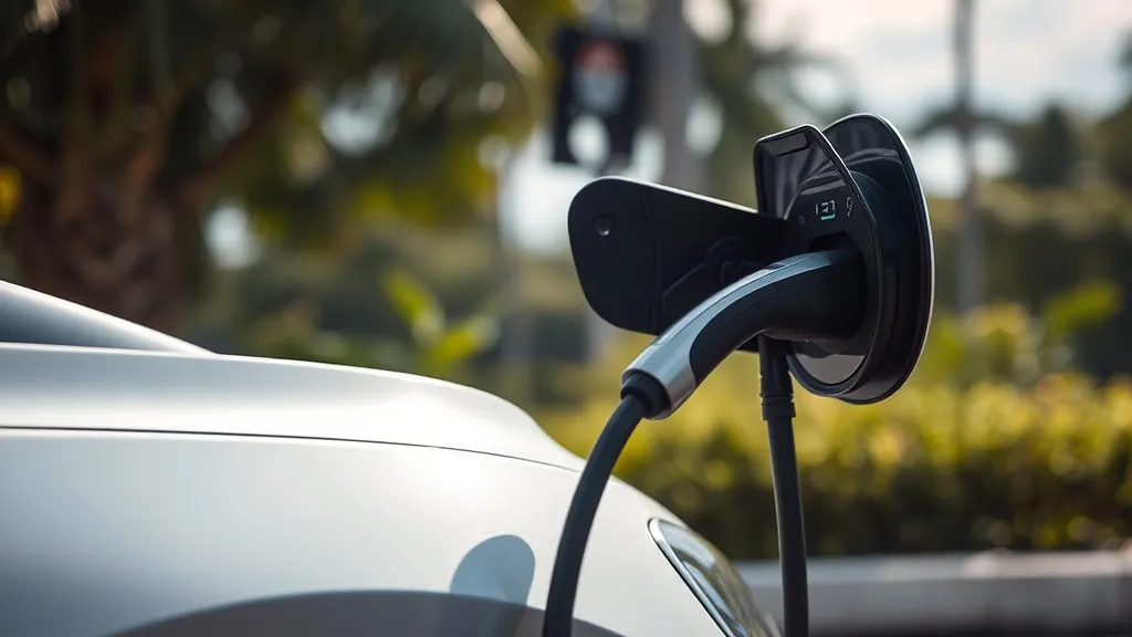 Carro elétrico conectado a wallbox em garagem exposta ao sol com termômetro marcando alta temperatura no Brasil
