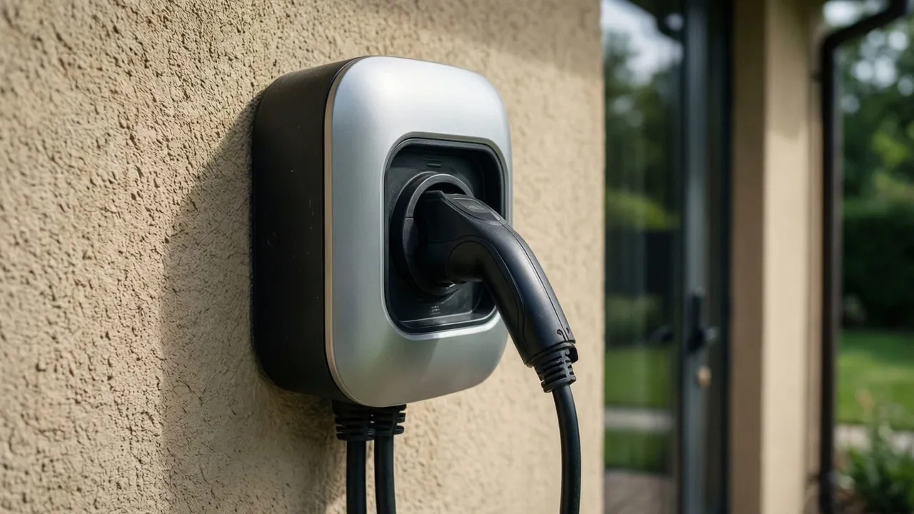 Carregador wallbox instalado na parede de garagem residencial